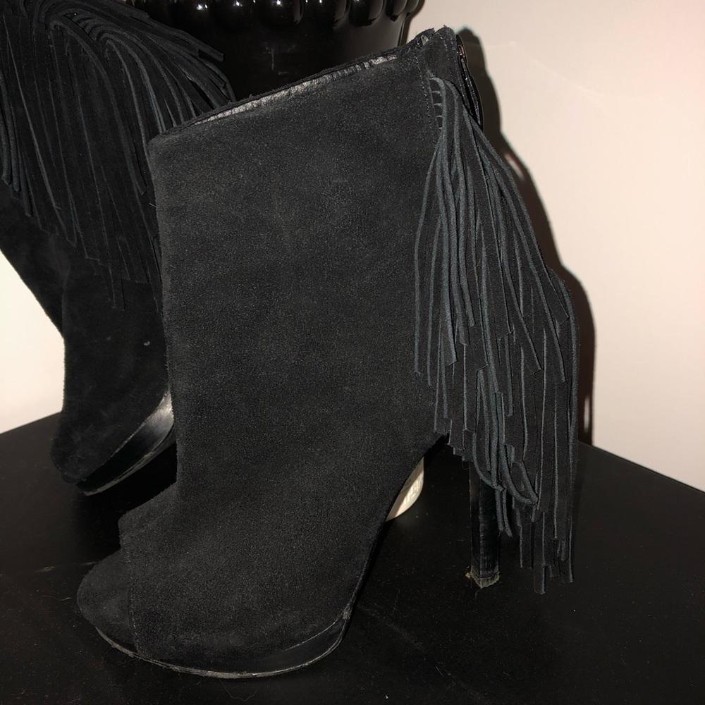 Black peep toe fringe booties